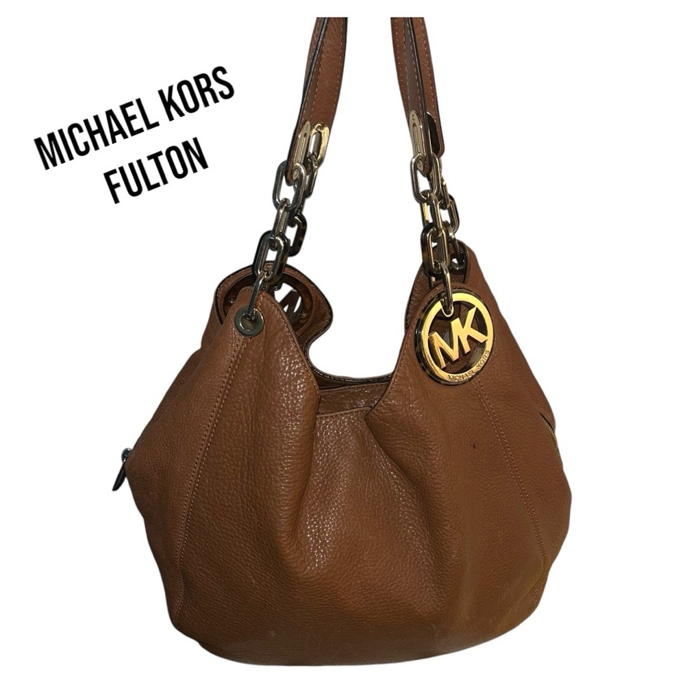 Michael Kors Fulton brown pebbled leather with MK emblem in gold tone bag